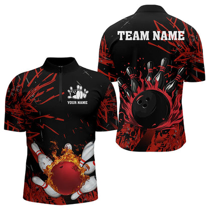 Black and Red Flame Bowling Polo, Quarter Zip Shirts for Men Custom Team mens bowling jersey NQS9313