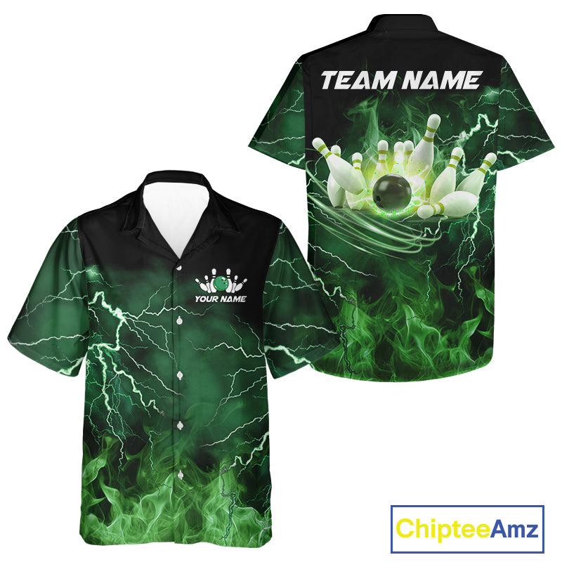 Bowling Hawaiian Shirt Custom green lightning thunder flame Bowling Team Jersey, gift for team Bowler NQS10388