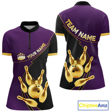 Load image into Gallery viewer, Purple and Gold Bowling shirts for Women Custom Team Bowling Polo, 1/4 zip Shirt bowlers Outfit NQS10987