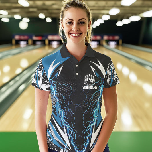 Black and Blue Lighting thunder camo Women Bowling Polo, Quarter Zip Shirt Custom Team bowling jerseys NQS9321