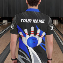 Load image into Gallery viewer, Black and Blue Bowling Polo, Quarter Zip Shirt for Men Custom Team bowling jerseys, Gift for bowlers NQS9322