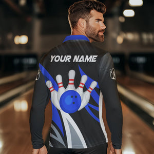 Black and Blue Bowling Polo, Quarter Zip Shirt for Men Custom Team bowling jerseys, Gift for bowlers NQS9322