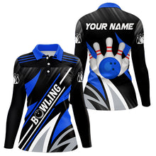 Load image into Gallery viewer, Black and Blue Bowling Polo, Quarter Zip Shirt for Women Custom Team bowling jerseys, Gift for bowlers NQS9322