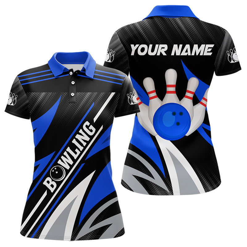 Black and Blue Bowling Polo, Quarter Zip Shirt for Women Custom Team bowling jerseys, Gift for bowlers NQS9322