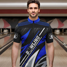 Load image into Gallery viewer, Black and Blue Bowling Polo, Quarter Zip Shirt for Men Custom Team bowling jerseys, Gift for bowlers NQS9322