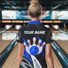 Load image into Gallery viewer, Black and Blue Bowling Polo, Quarter Zip Shirt for Women Custom Team bowling jerseys, Gift for bowlers NQS9322