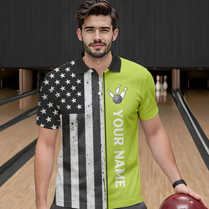 Black White Retro American Flag Bowling Shirts For Men Custom Patriotic Bowling Team Jersey | Green NQS9638