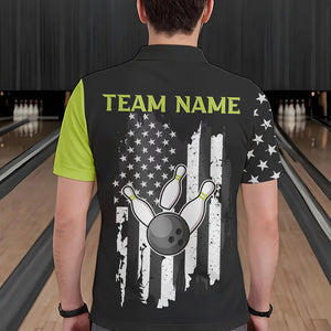 Black White Retro American Flag Bowling Shirts For Men Custom Patriotic Bowling Team Jersey | Green NQS9638