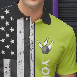 Black White Retro American Flag Bowling Shirts For Men Custom Patriotic Bowling Team Jersey | Green NQS9638