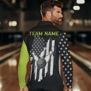 Black White Retro American Flag Bowling Shirts For Men Custom Patriotic Bowling Team Jersey | Green NQS9638