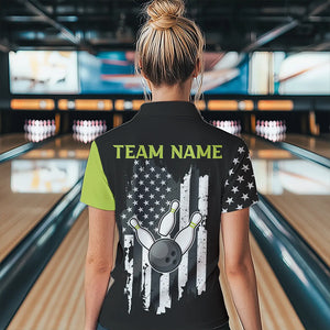 Black White Retro American Flag Bowling Shirts For Women Custom Patriotic Bowling Team Jersey | Green NQS9638