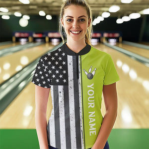 Black White Retro American Flag Bowling Shirts For Women Custom Patriotic Bowling Team Jersey | Green NQS9638