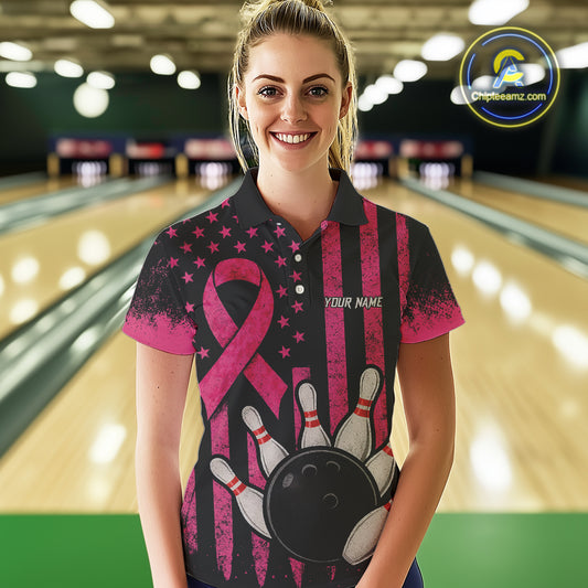 Black and Pink ribbon American Flag Breast Cancer Bowling Shirts For Women Custom Bowling Team Jerseys NQS9841