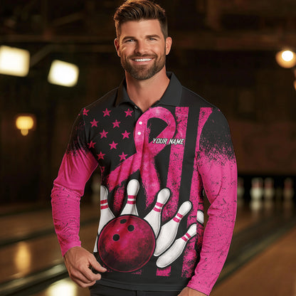 Breast Cancer Bowling Shirts For Men Custom Black and Pink ribbon American Flag Bowling Team Jerseys NQS9842