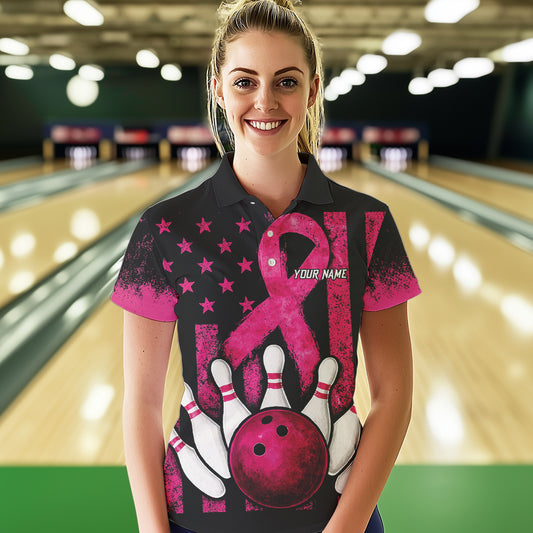 Breast Cancer Bowling Shirts For Women Custom Black and Pink ribbon American Flag Bowling Team Jerseys NQS9842