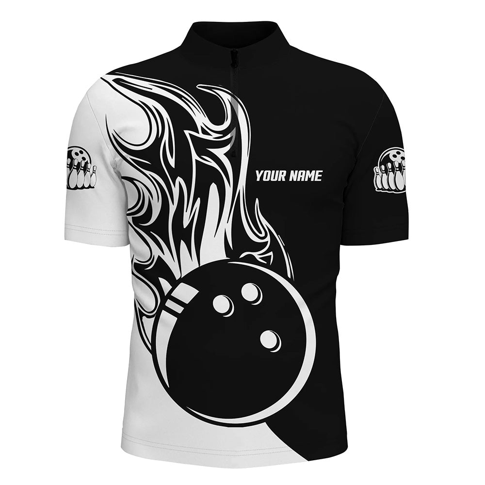 Black and white Bowling ball fire Mens bowling Quarter Zip shirt custom mens Bowling Team Jerseys NQS6087