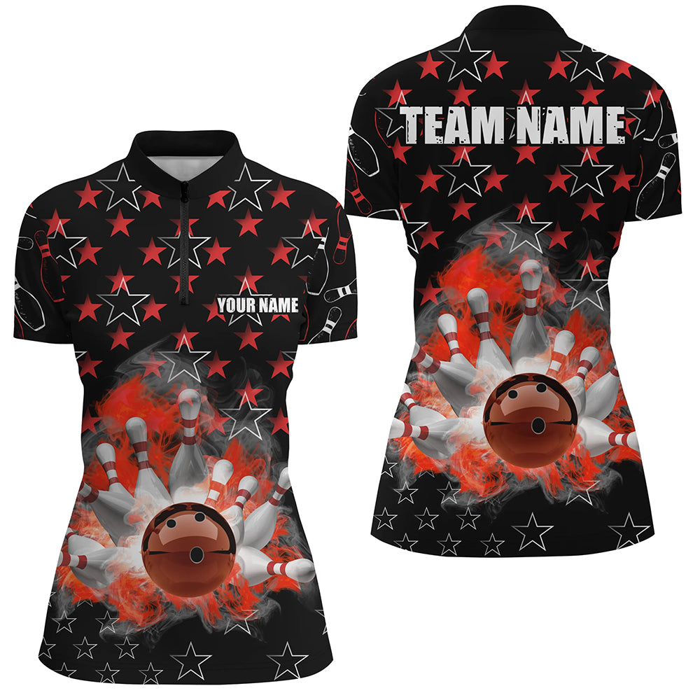 Black and Red Bowling stars pattern custom Women Bowling Polo, Quarter Zip Shirt, team bowling jerseys NQS8193
