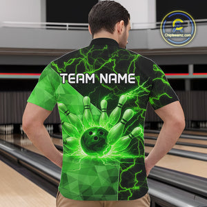 Green Thunder Lightning Bowling Polo, Quarter Zip Shirts For Men Custom Team Bowling Outfit NQS10821