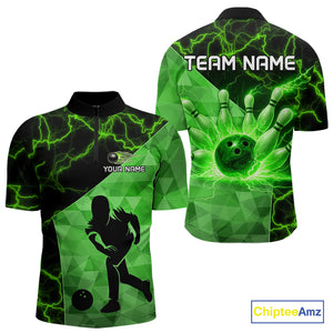 Green Thunder Lightning Bowling Polo, Quarter Zip Shirts For Men Custom Team Bowling Outfit NQS10821