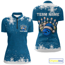 Load image into Gallery viewer, Blue Christmas Bowling snowflake Women&#39;s Bowling Polo, Quarter Zip shirts Custom Xmas Bowling Outfits NQS10995