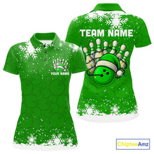 Load image into Gallery viewer, Green Christmas Bowling snowflake Women&#39;s Bowling Polo, Quarter Zip shirt Custom Xmas Bowling Outfits NQS10996
