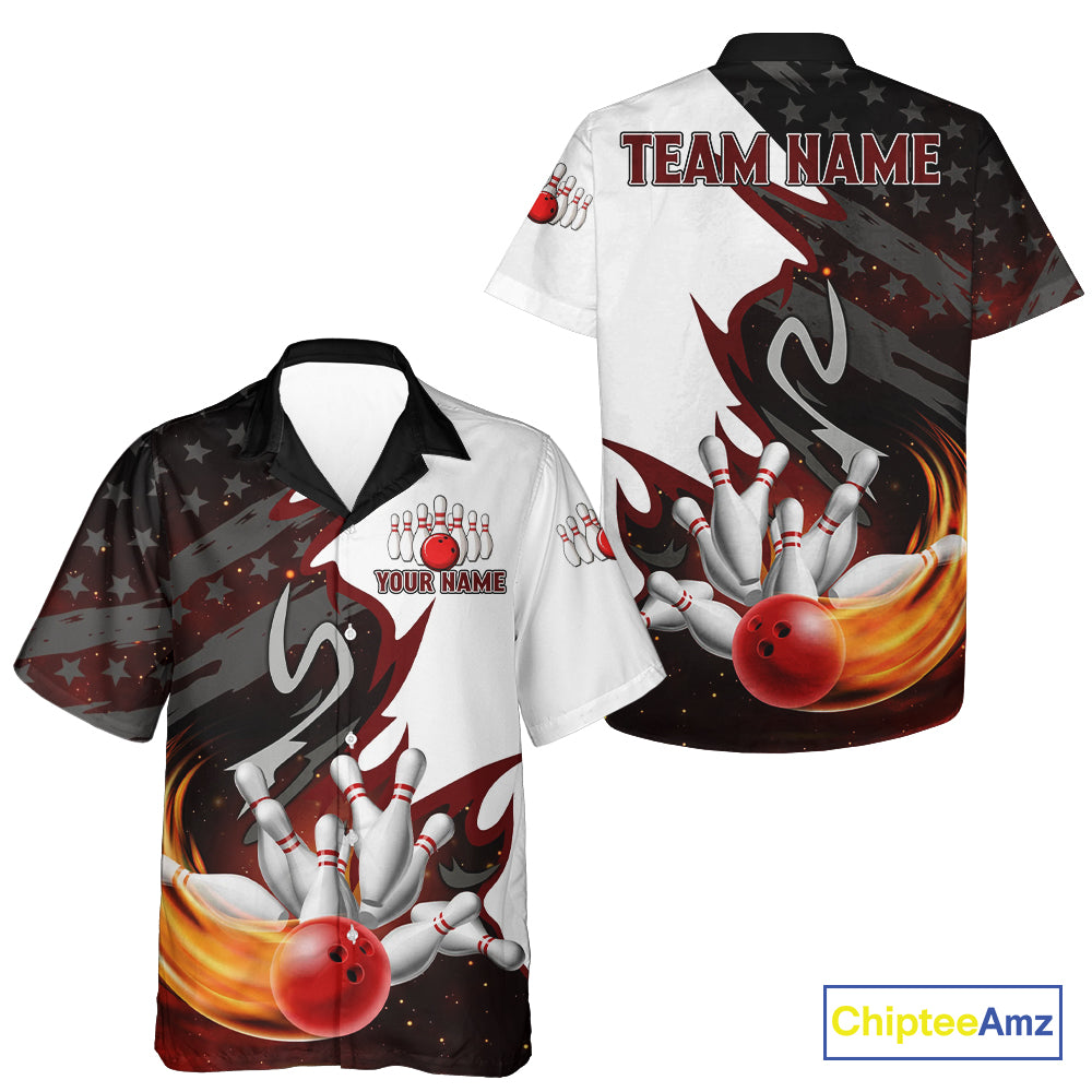 Black and White American flag Hawaiian Bowling jersey Custom Patriotic Button Up Bowling Shirts NQS10999