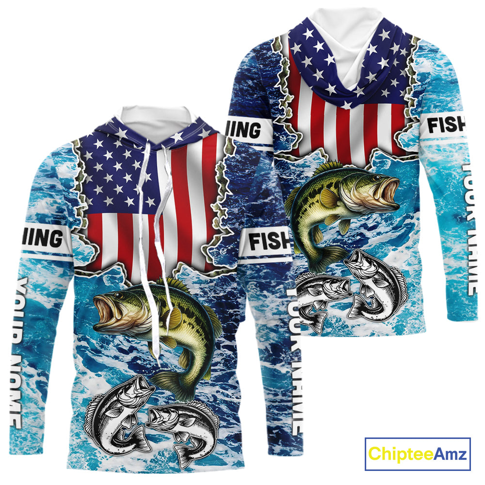 American Flag Largemouth Bass Fishing blue sea camo custom long sleeves performance fishing shirts NQS11190