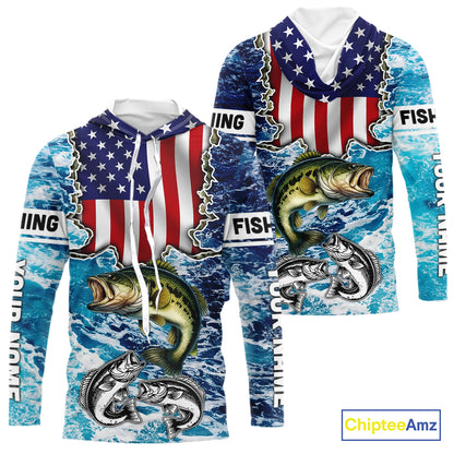 American Flag Largemouth Bass Fishing blue sea camo custom long sleeves performance fishing shirts NQS11190