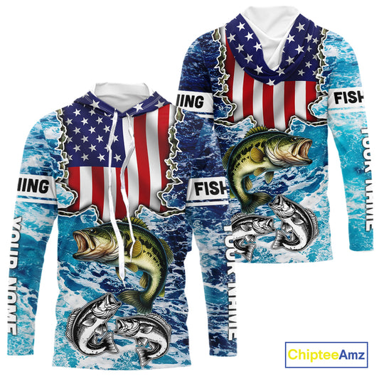 American Flag Largemouth Bass Fishing blue sea camo custom long sleeves performance fishing shirts NQS11190