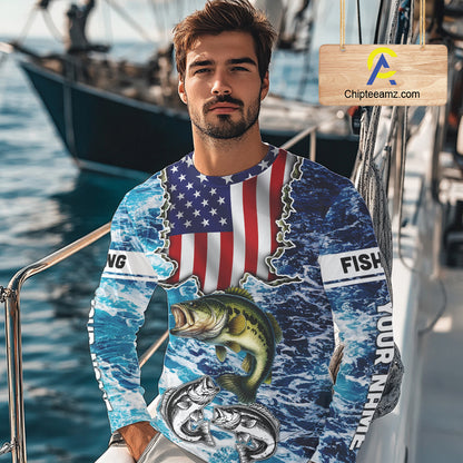 American Flag Largemouth Bass Fishing blue sea camo custom long sleeves performance fishing shirts NQS11190