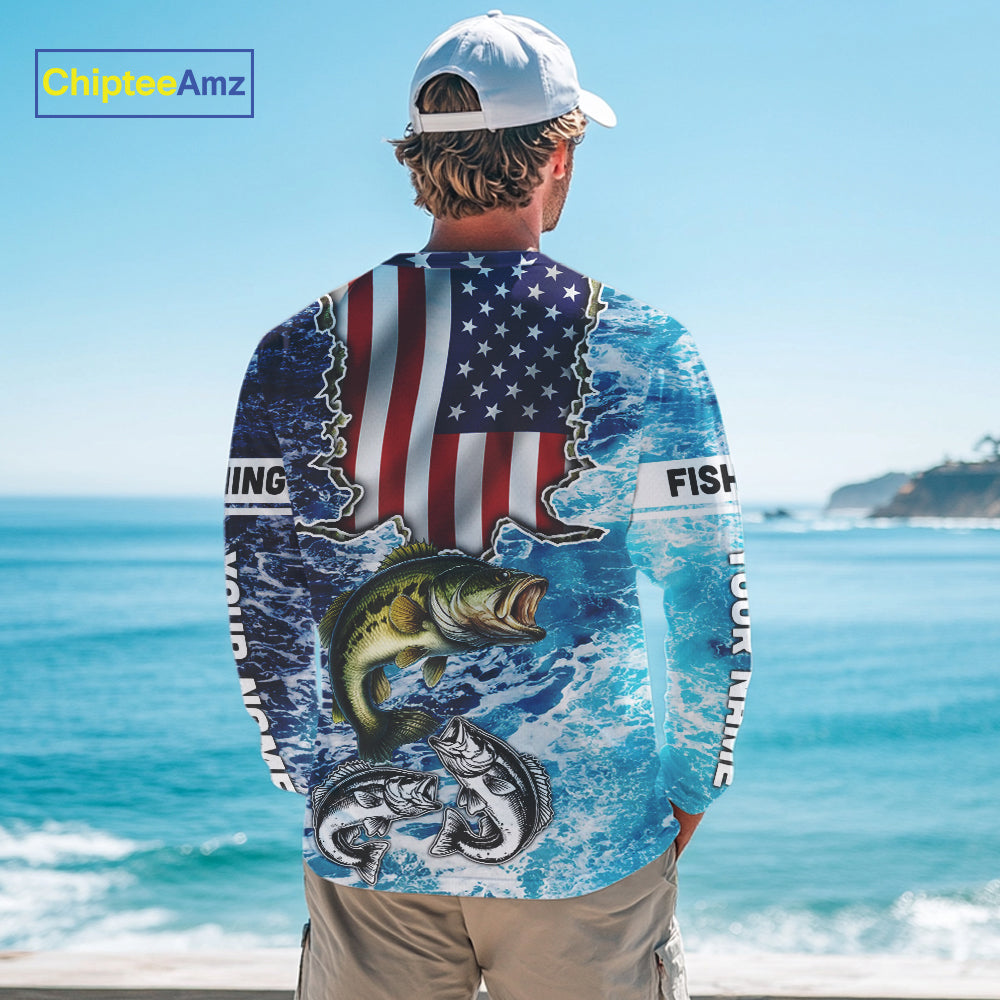 American Flag Largemouth Bass Fishing blue sea camo custom long sleeves performance fishing shirts NQS11190