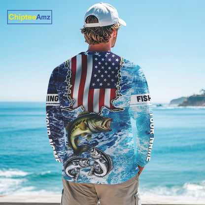 American Flag Largemouth Bass Fishing blue sea camo custom long sleeves performance fishing shirts NQS11190