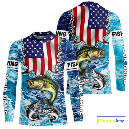 American Flag Largemouth Bass Fishing blue sea camo custom long sleeves performance fishing shirts NQS11190