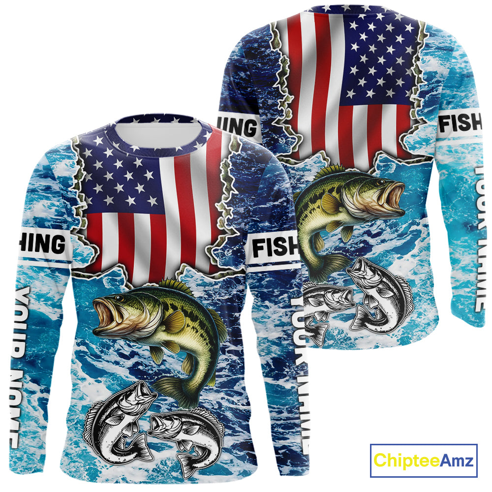 American Flag Largemouth Bass Fishing blue sea camo custom long sleeves performance fishing shirts NQS11190