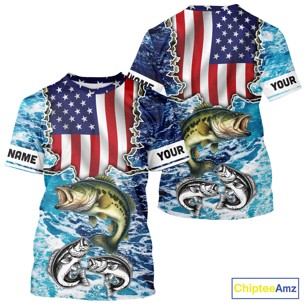 American Flag Largemouth Bass Fishing blue sea camo custom long sleeves performance fishing shirts NQS11190