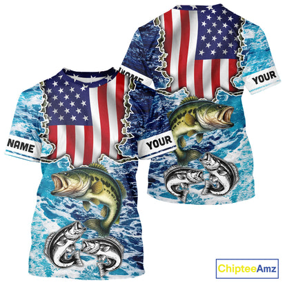 American Flag Largemouth Bass Fishing blue sea camo custom long sleeves performance fishing shirts NQS11190
