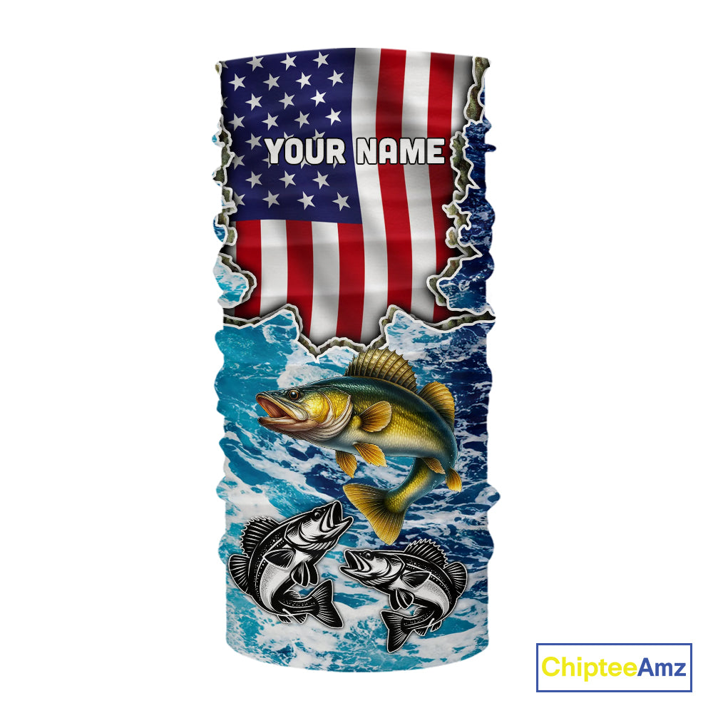 American Flag Walleye Fishing blue sea camo custom patriotic long sleeves performance fishing shirts NQS11191