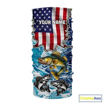 American Flag Walleye Fishing blue sea camo custom patriotic long sleeves performance fishing shirts NQS11191