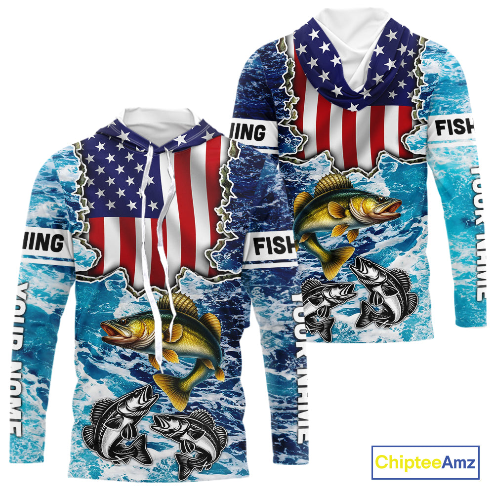 American Flag Walleye Fishing blue sea camo custom patriotic long sleeves performance fishing shirts NQS11191