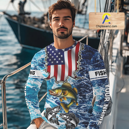 American Flag Walleye Fishing blue sea camo custom patriotic long sleeves performance fishing shirts NQS11191
