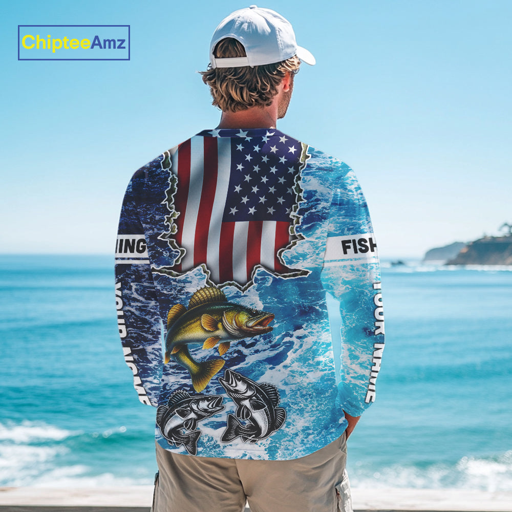 American Flag Walleye Fishing blue sea camo custom patriotic long sleeves performance fishing shirts NQS11191
