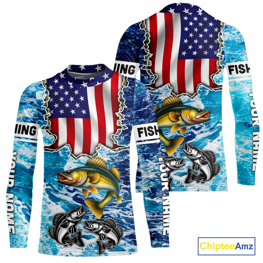 American Flag Walleye Fishing blue sea camo custom patriotic long sleeves performance fishing shirts NQS11191