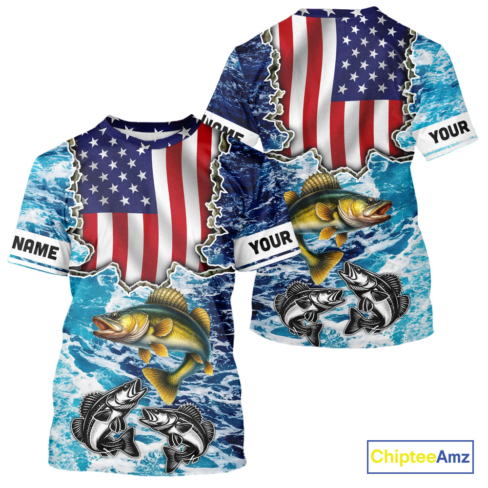 American Flag Walleye Fishing blue sea camo custom patriotic long sleeves performance fishing shirts NQS11191