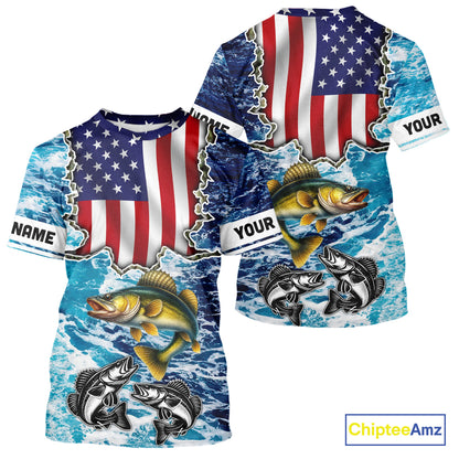 American Flag Walleye Fishing blue sea camo custom patriotic long sleeves performance fishing shirts NQS11191