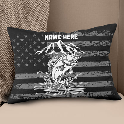 Personalized black American flag bass fishing custom name Canvas, Linen Throw Pillow NQS7027