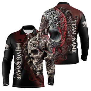 Red and Black Skull Scroll Mens Disc golf polo shirts custom name and team name disc golf jerseys NQS9330