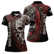 Load image into Gallery viewer, Red and Black Skull Scroll Women Disc golf polo shirts custom name and team name disc golf jerseys NQS9330