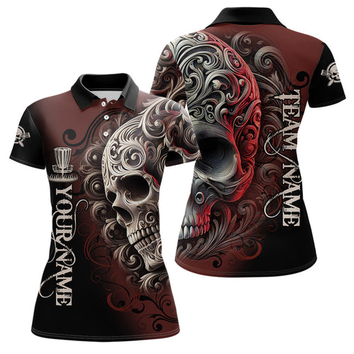 Red and Black Skull Scroll Women Disc golf polo shirts custom name and team name disc golf jerseys NQS9330