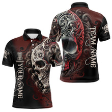 Load image into Gallery viewer, Red and Black Skull Scroll Mens Disc golf polo shirts custom name and team name disc golf jerseys NQS9330