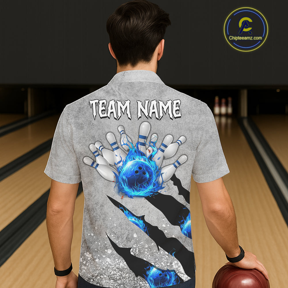 Blue flame bowling ball jerseys Gray grunge custom bowling hawaiian shirts, bowling league shirts NQS11396